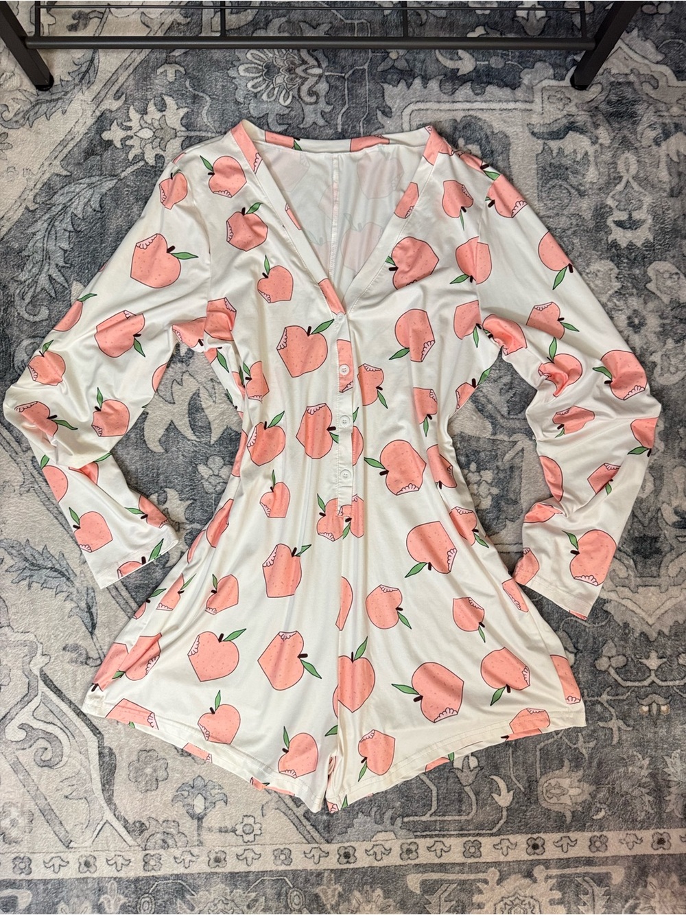 Heart Peach Print Long Sleeve Button Up Romper